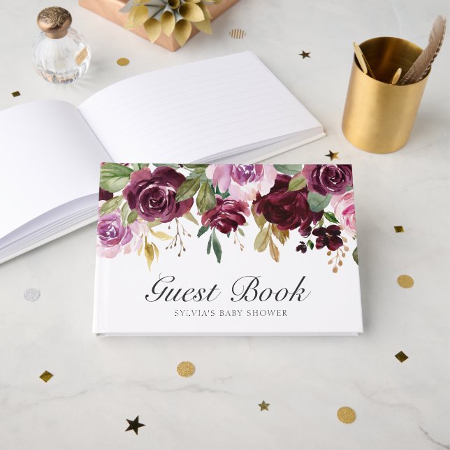 Moody Plum Floral Girl Babydusche Gästebuch (Vorderseite Offen)