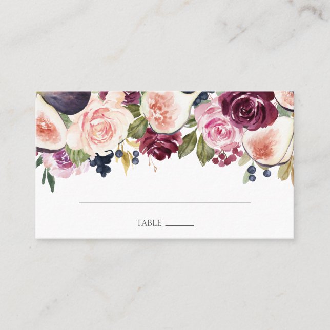 Moody Plum Floral und Fig Wedding Platzkarte (Vorderseite)
