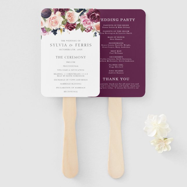 Moody Plum Floral und Fig Wedding Programm Fächer (Vorne und Hinten)