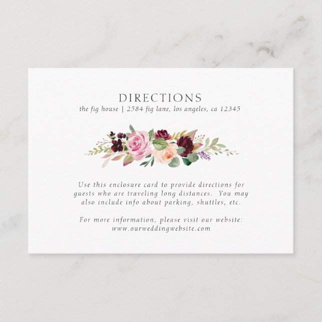 Moody Plum florale Garland Hochzeitsrichtung Begleitkarte (Vorderseite)