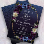 Moody Purple Flowers 30. Geburtstags-Party Einladung<br><div class="desc">Anspruchsvolle und moodisch dunkle lila Rose und Wildblumen schaffen ein elegantes Blumendesign. Weiß- und blaue Pop sorgen für visuelles Interesse und Tiefe. Beeren und Früchte tragen zum düsteren Design bei. Zusammen dekorieren sie einen eleganten ovalen Rahmen aus mehreren Strängen. Die Einladung zurück hat ein subtiles geometrisches Vintages Muster. Diese Einladung...</div>