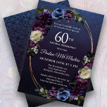 Moody Purple Flowers 60. Geburtstagsparty Einladung<br><div class="desc">Anspruchsvolle und moodisch dunkle lila Rose und Wildblumen schaffen ein elegantes Blumendesign. Weiß- und blaue Pop sorgen für visuelles Interesse und Tiefe. Beeren und Früchte tragen zum düsteren Design bei. Zusammen dekorieren sie einen eleganten ovalen Rahmen aus mehreren Strängen. Die Einladung zurück hat ein subtiles geometrisches Vintages Muster. Diese Einladung...</div>