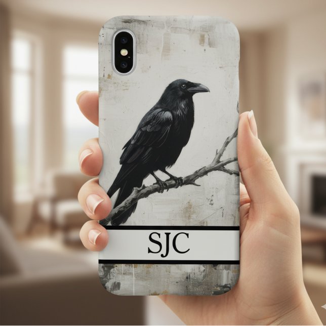 Moody Raven Dark Academia Monogram iPhone 16 Hülle (Gothic raven phone case)