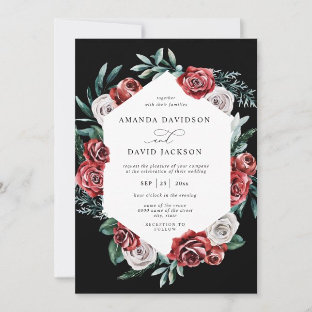 Moody Red Floral Greenery Elegant Wedding Einladung (Vorderseite)