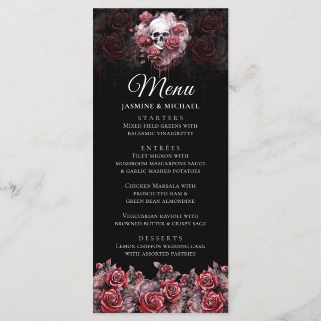 Moody Red Floral Skull Elegantes Gotisches Hochzei Menükarte (Vorderseite)
