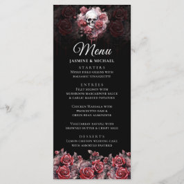 Moody Red Floral Skull Elegantes Gotisches Hochzei Menükarte
