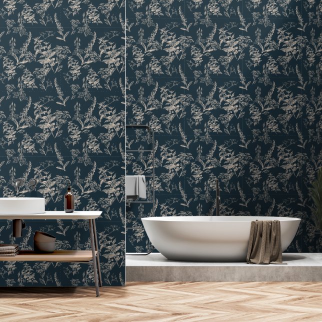 Moody & Romantic Dark Blue Botanic Wildblumen Tapete (Badezimmer)