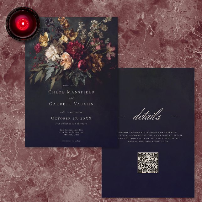 Moody Romantic Dark Floral Gothic QR Code Wedding Einladung (Von Creator hochgeladen)