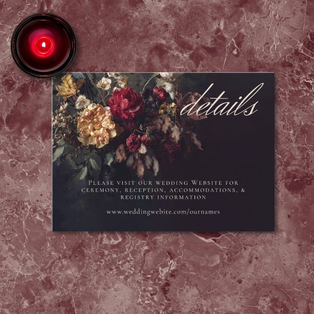 Moody Romantic Dark Floral Gothic Wedding Details Begleitkarte (Von Creator hochgeladen)
