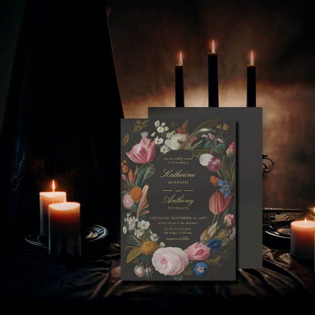 Moody Romantic Floral Frame Dreamy Wedding Einladung (moody romantic wedding invitation floral frame painting dutch masters elegant gothic dark black)