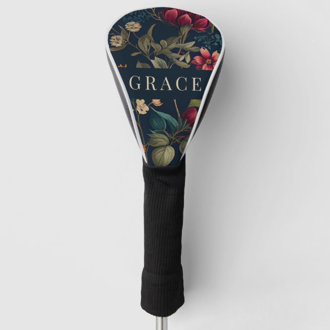 Moody Romantik Navy Blue Floral Golf Headcover (Vorderseite)