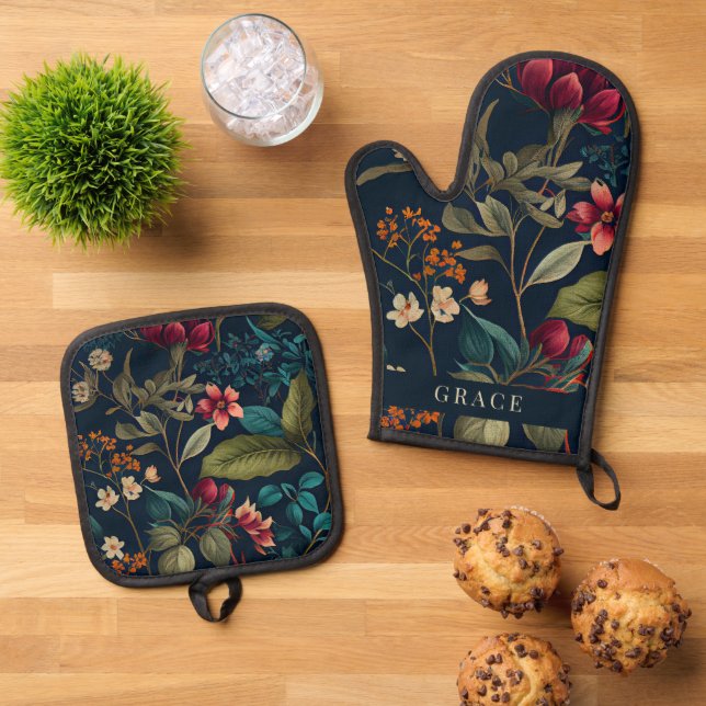 Moody Romantik Navy Blue Floral Ofenhandschuh & Topflappen-Set (Oben Unten)