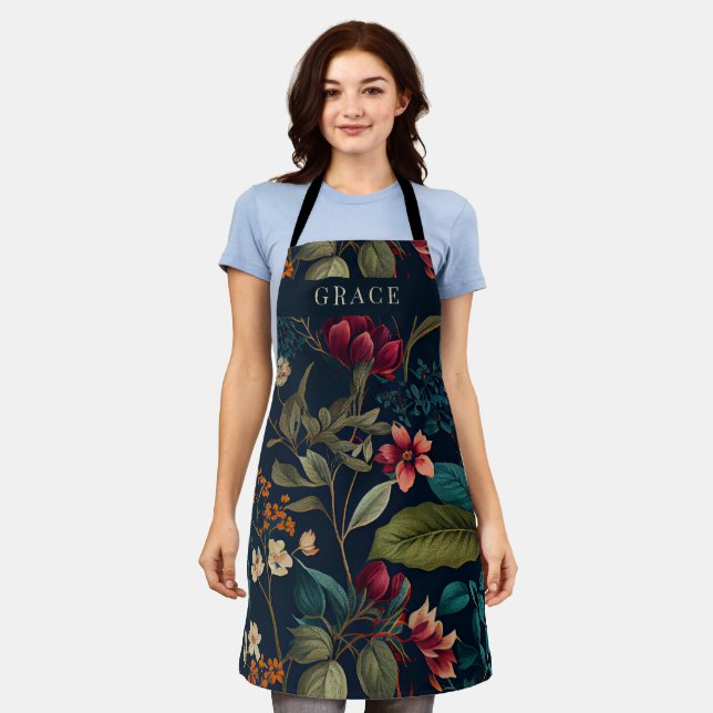 Moody Romantik Navy Blue Floral Schürze (Getragen)