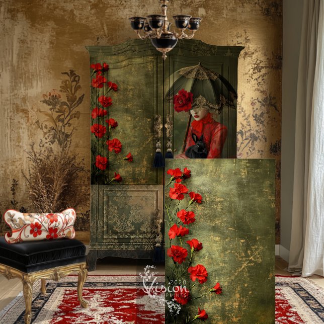 Moody Romantik Scarlet Carnets Green Patina Seidenpapier (Moody Romantic Scarlet Carnations and Green Patina, Decoupage Tissue paper.)