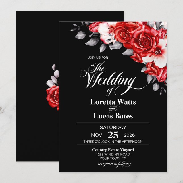 Moody Rote Rose Floral Black Wedding Einladung (Vorne/Hinten)