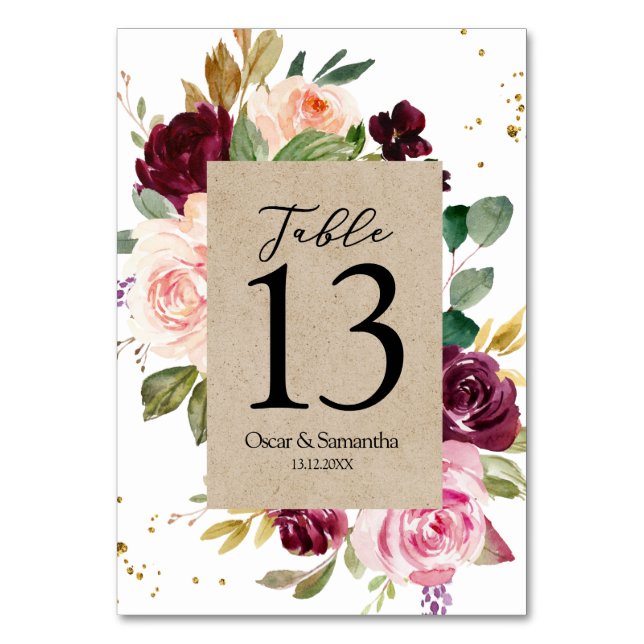 Moody & Rustic Burgundy Kraft Floral Frame & Gold Tischnummer (Vorderseite)