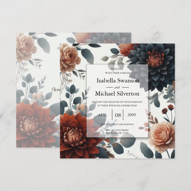 Moody Rustic Fall Florals Wedding Einladung (Vorne/Hinten)