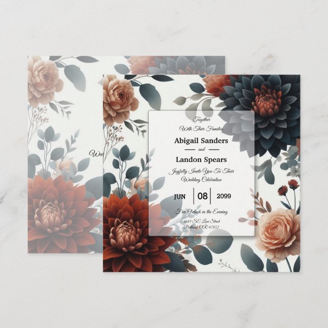 Moody Rustic Fall Florals Wedding Einladung (Vorne/Hinten)