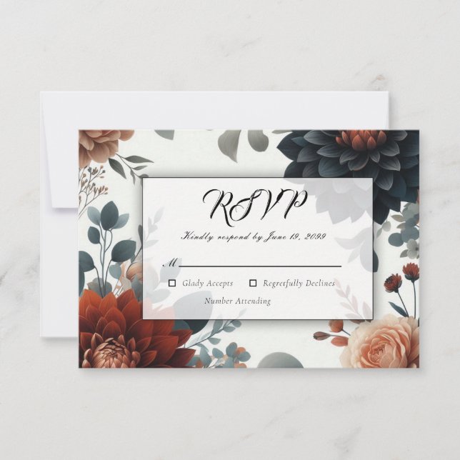 Moody Rustic Fall Florals Wedding RSVP Karte (Vorderseite)