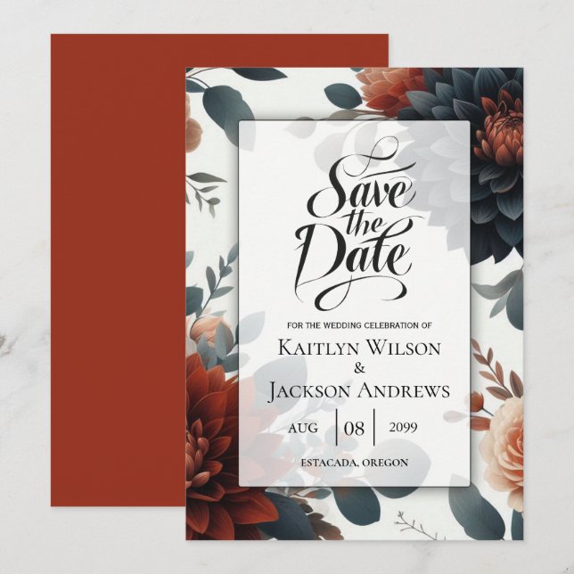 Moody Rustic Fall Florals Wedding Save The Date (Vorne/Hinten)
