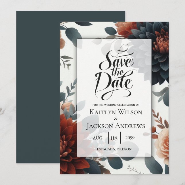 Moody Rustic Fall Florals Wedding Save The Date (Vorne/Hinten)
