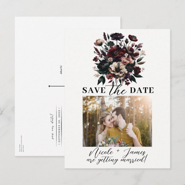 Moody Rustic Garden Florals Save the Date Bohemisc Ankündigungspostkarte (Vorne/Hinten)