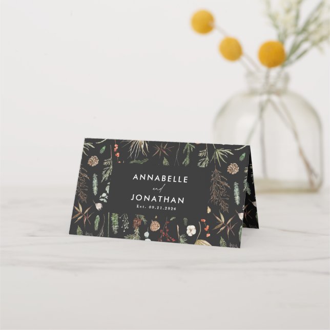 Moody schwarz botanisch floral elegant platzkarte (Rückseite)