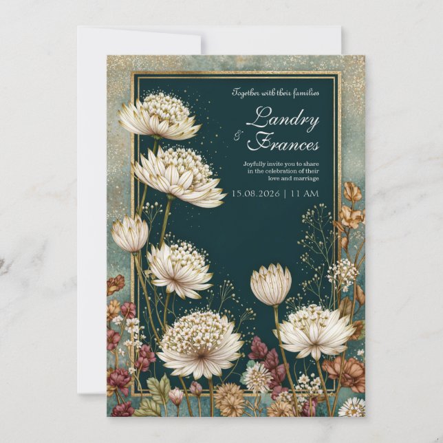 Moody Teal Gilded Astrantia Wedding Einladung (Vorderseite)
