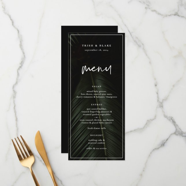Moody Tropics Wedding Menükarte (Vorderseite/Rückseite Beispiel)