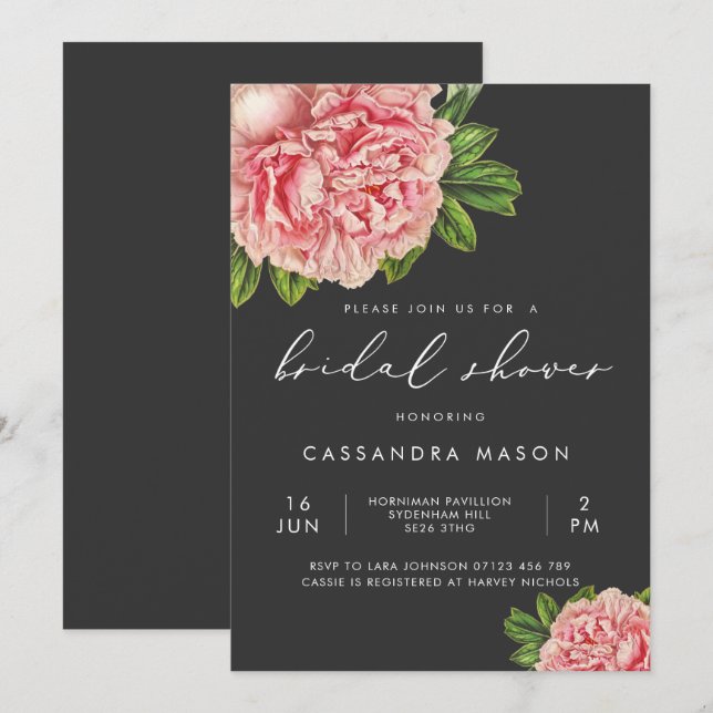 Moody Vintag Pink Peony Brautparty Einladung (Vorne/Hinten)