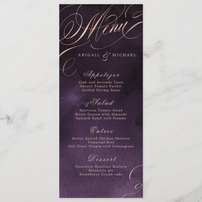 Moody violet rose or calligraphie mariage menu (Devant)