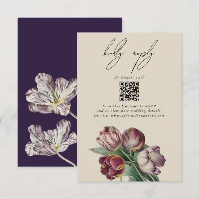 Moody Watercolor Lila Tulips Hochzeit Begleitkarte (Vorne/Hinten)