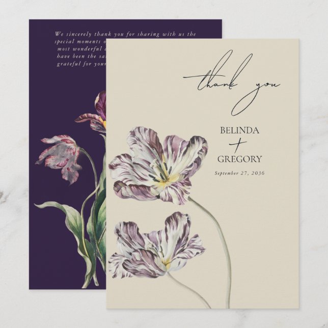 Moody Watercolor Lila Tulips Hochzeit Dankeskarte (Vorne/Hinten)