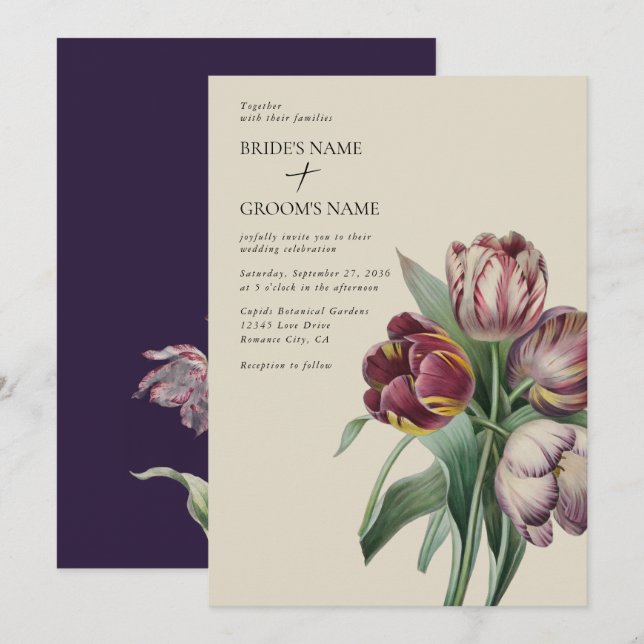 Moody Watercolor Lila Tulips Hochzeit Einladung (Vorne/Hinten)