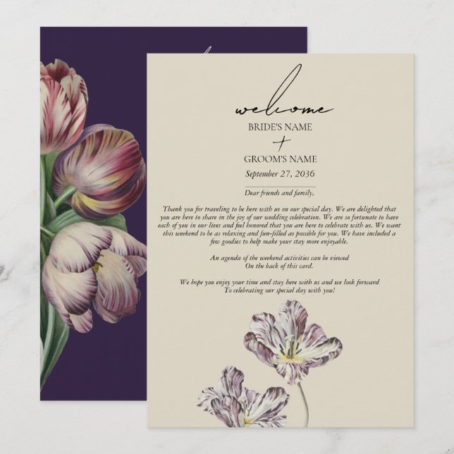 Moody Watercolor Lila Tulips Hochzeitreise Programm (Vorne/Hinten)