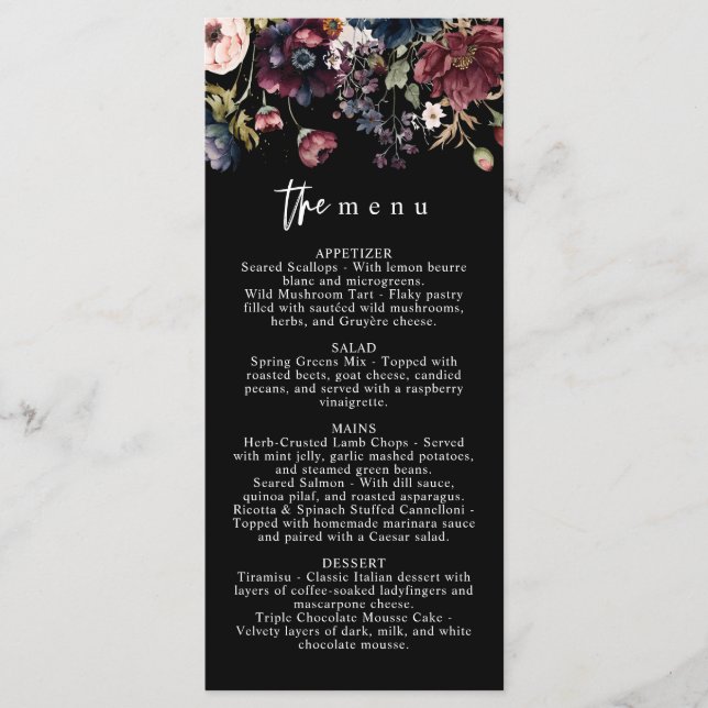 Moody Wedding Menu, Black Menu, Aquarell Floral Menükarte (Vorderseite)