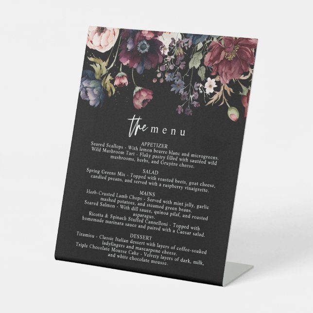 Moody Wedding Menu, Black Menu, Aquarell Floral Sockelschild (Vorderseite)