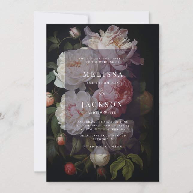 Moody White Peony Faire-part de mariage (Devant)