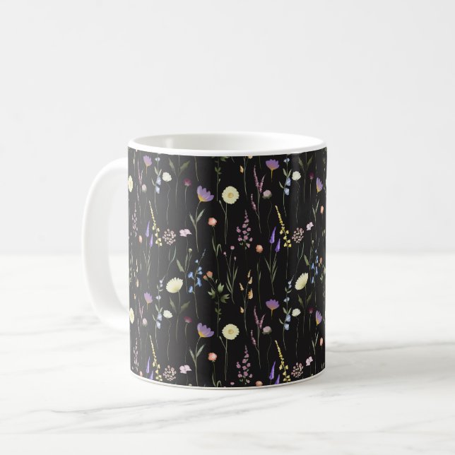 Moody Wildblumen Black Floral Pattern Kaffeetasse (Vorderseite Links)