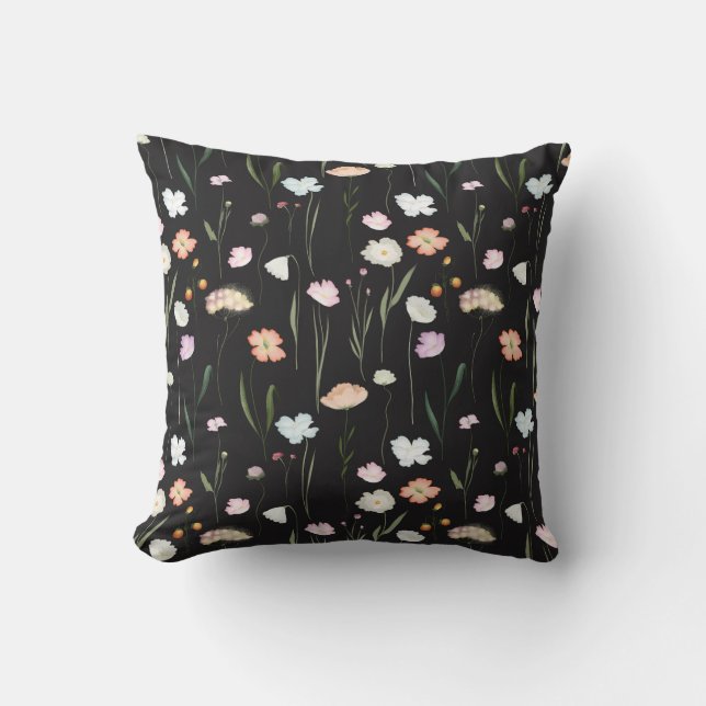 Moody Wildblumen Black Floral Pattern Kissen (Vorderseite)