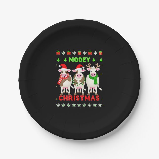 Mooey Christmas Cow Christmas Ugly Sweater Pajama  Pappteller (Vorderseite)
