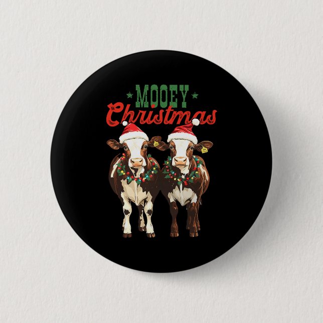 Mooey Christmas Cow With Santa Hats Xmas Lights Me Button (Vorderseite)