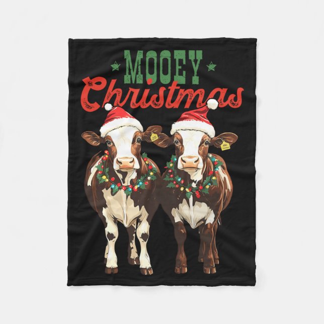 Mooey Christmas Cow With Santa Hats Xmas Lights Me Fleecedecke (Vorderseite)