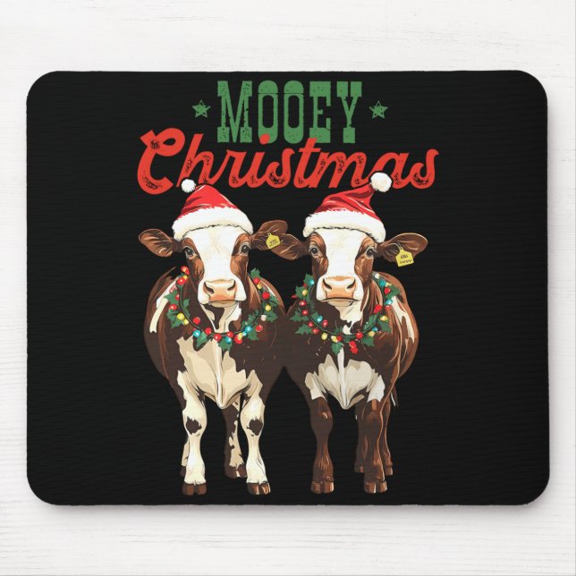 Mooey Christmas Cow With Santa Hats Xmas Lights Me Mousepad (Vorne)
