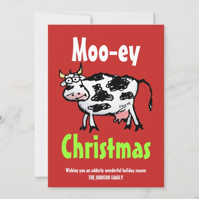 Mooey Christmas Funny Cow Flat Holiday Card Einladung (Vorderseite)