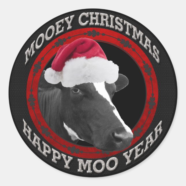 Mooey Christmas Happy Moo Year Weihnachtsmannmütze Runder Aufkleber (Vorderseite)