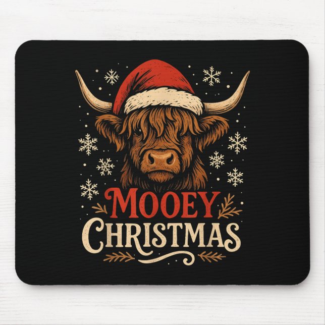 Mooey Christmas Highland Cow Funny Santa Hat Desig Mousepad (Vorne)