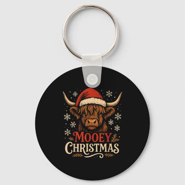 Mooey Christmas Highland Cow Funny Santa Hat Desig Schlüsselanhänger (Vorderseite)
