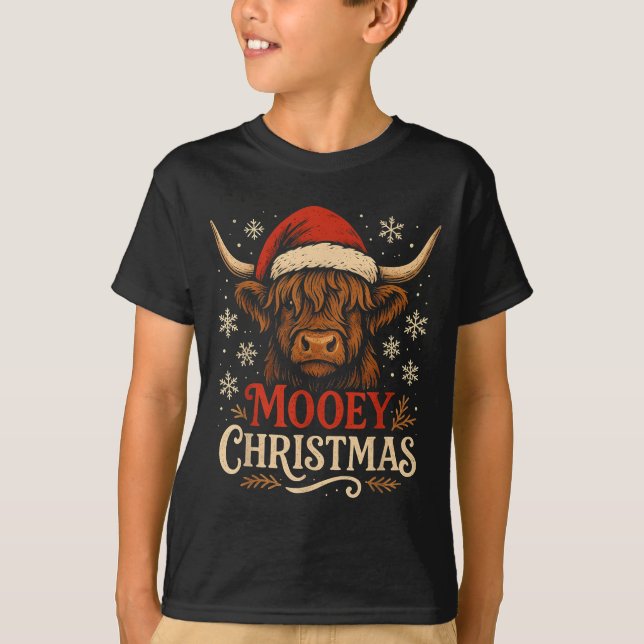 Mooey Christmas Highland Cow Funny Santa Hat Desig T-Shirt (Vorderseite)