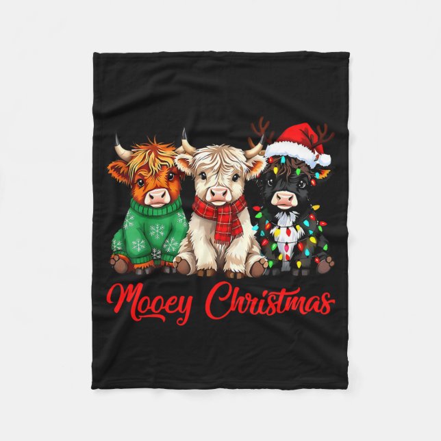 Mooey Christmas Lights Santa Hat Xmas Highland Cow Fleecedecke (Vorderseite)